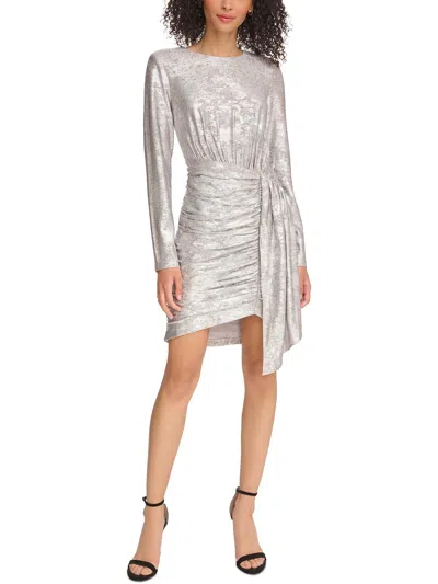 Vince Camuto Plus Womens Ruched Jewel Neck Sheath Dress In Silver
