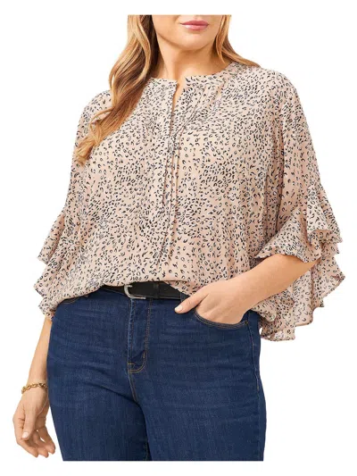 Vince Camuto Plus Size Cheetah Print Flutter-sleeve Pintucked Henley Blouse In Lt Camel Multi