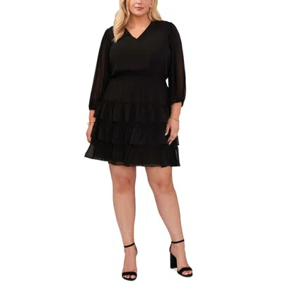 Vince Camuto Plus Womens Tiered Smocked Waist Wear To Work Dress In Black