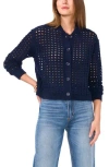 Vince Camuto Pointelle Crewneck Cardigan In Blue