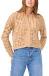 Vince Camuto Pointelle Crewneck Cardigan In Latte Heather