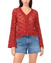 Vince Camuto Pointelle V Neck Long Sleeve Cardigan In Red