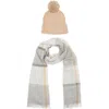 Vince Camuto Pom Beanie & Plaid Scarf Set In Taupe Multi