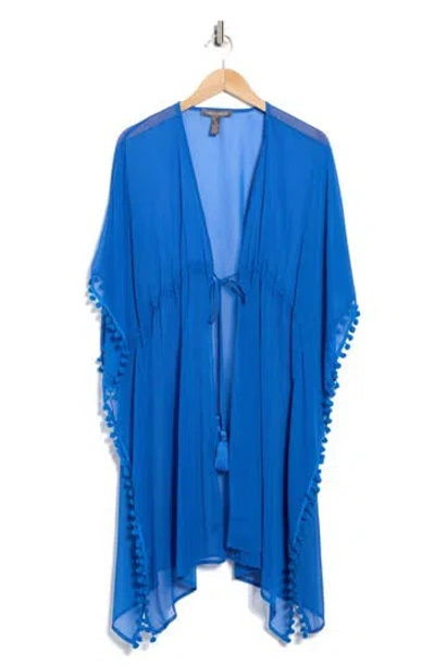 Vince Camuto Pompom Trim Chiffon Topper In Blue