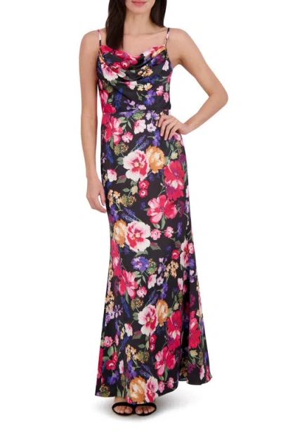 Vince Camuto Print Cowl Neck Satin Gown In Black Multi