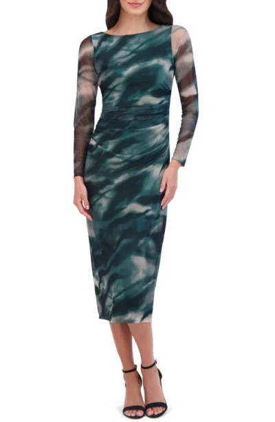 Vince Camuto Print Long Sleeve Mesh Midi Dress In Hunter