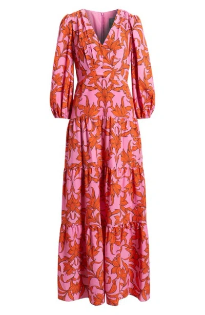 Vince Camuto Print Long Sleeve Ruffle Hem Maxi Dress In Pink Multi