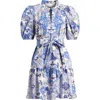 Vince Camuto Print Ruffle Tie Waist Puff Sleeve Dress In Blue