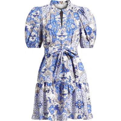 Vince Camuto Print Ruffle Tie Waist Puff Sleeve Dress In Blue