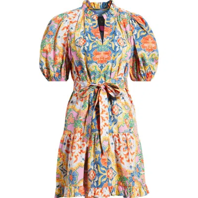 Vince Camuto Print Ruffle Tie Waist Puff Sleeve Dress In Multi