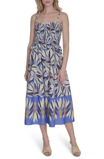 Vince Camuto Print Smocked Bodice Cotton Sundress In Blue