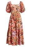 Vince Camuto Print Square Neck Puff Sleeve Maxi Dress In Coral Multi