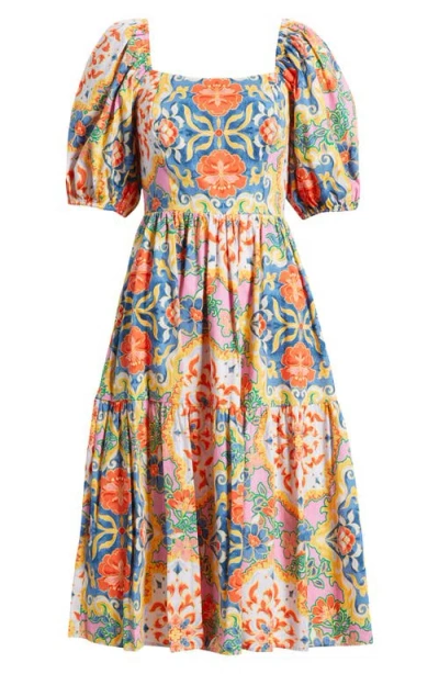 Vince Camuto Print Square Neck Puff Sleeve Midi Dress In Blue Multi