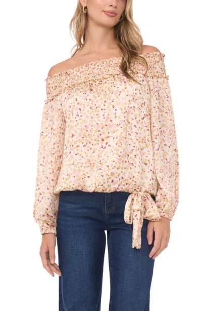 Vince Camuto Print Tie Hem Off The Shoulder Top In Neutral