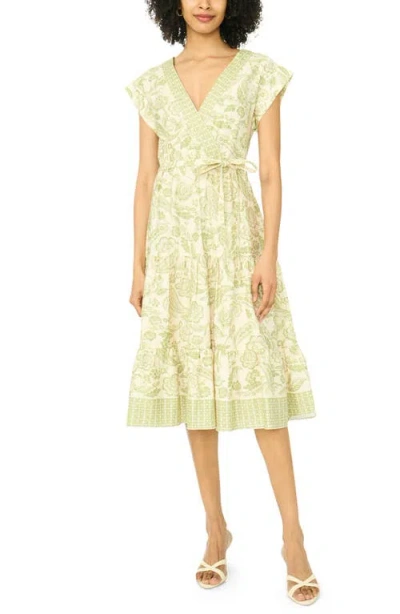 Vince Camuto Print Tie Waist Midi Dress In Green