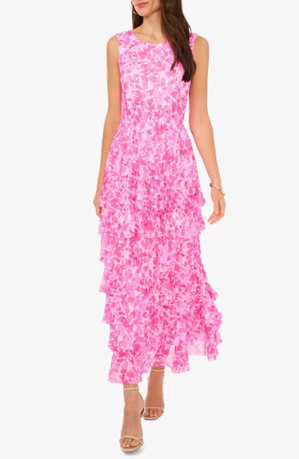 Vince Camuto Print Tiered Ruffle Sleeveless Maxi Dress In Hot Pink |  ModeSens