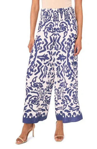 Vince Camuto Printed Smocked Waist Wide Leg Pants In Blue