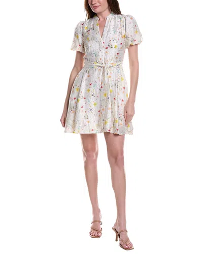 Vince Camuto Puff Sleeve Belted Al-line Belted Linen-blend Mini Dress In Neutral