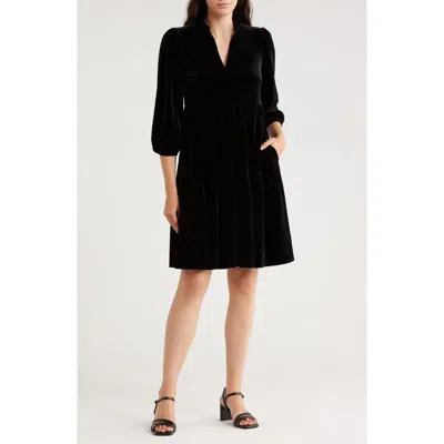 Vince Camuto Puff Sleeve Tiered Velvet Dress In Black