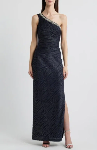 Vince Camuto Rhinestone & Foiled Wave Stripe One-shoulder Sheath Gown In Navy