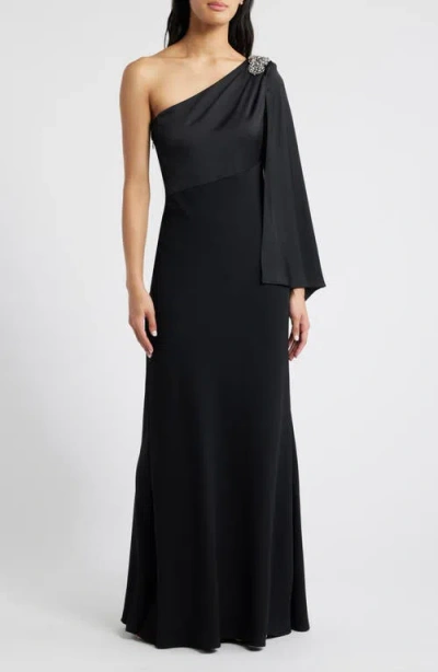Vince Camuto Rhinestone Detail One-shoulder Satin Gown In Black