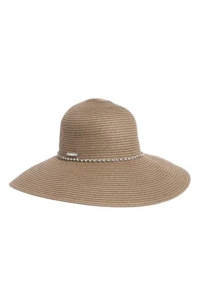 Vince Camuto Rhinestone Trim Straw Floppy Hat In Taupe