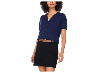Vince Camuto Rib Short Sleeve V-neck Cardigan With Pockets In Blue