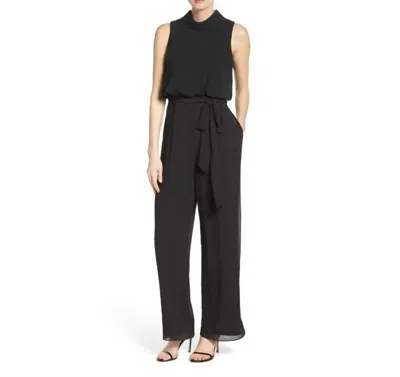 Vince Camuto Roll Collar Mock Neck Blouson Chiffon Jumpsuit In Black