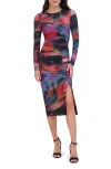 Vince Camuto Ruched Long Sleeve Body-con Dress In Red Multi