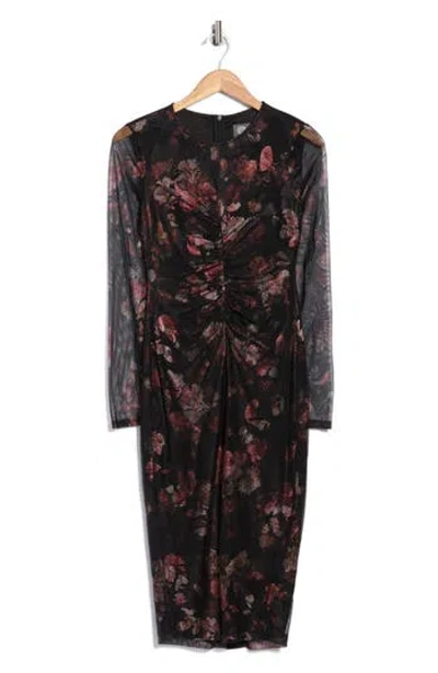 Vince Camuto Ruched Long Sleeve Mesh Body-con Dress In Black