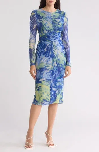 Vince Camuto Ruched Mesh Long Sleeve Dress In Blue Multi