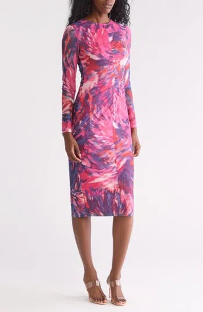 Vince Camuto Ruched Mesh Long Sleeve Dress In Pink Multi