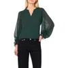 Vince Camuto Ruffle Cuff Split Neck Top In Green