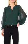 Vince Camuto Ruffle Cuff Split Neck Top In Green
