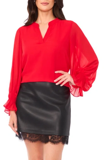 Vince Camuto Ruffle Cuff Split Neck Top In Red