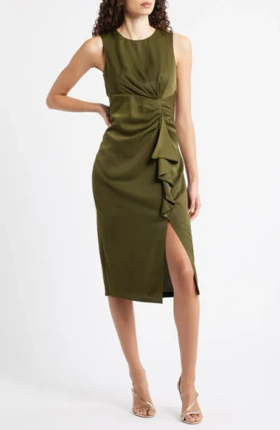 Vince Camuto Ruffle Detail Sleeveless Satin Sheath Midi Dress In Green