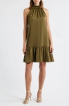 Vince Camuto Petite Satin Mock-neck Sleeveless Short Dress In Green