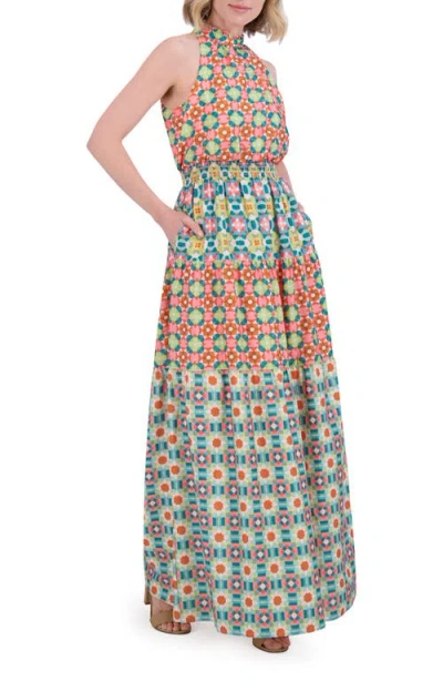 Vince Camuto Ruffle Hem Smocked Waist Sleeveless Maxi Dress In Pink Multi