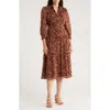 Vince Camuto Ruffle Long Sleeve Fit & Flare Chiffon Midi Dress In Brown