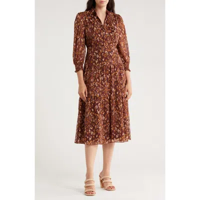 Vince Camuto Ruffle Long Sleeve Fit & Flare Chiffon Midi Dress In Brown