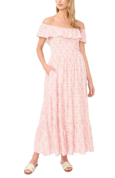 Vince Camuto Ruffle Off The Shoulder Smocked Bodice Tiered Sundress In Pink