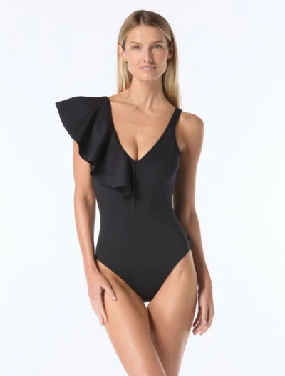 Vince Camuto Ruffle Shoulder One-piece Swimsuit In Black