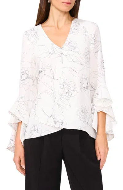 Vince Camuto Ruffle Sleeve Print High-low Top In New Ivory