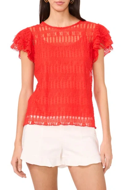 Vince Camuto Ruffle Sleeve Textured Mesh Top In Cayenne