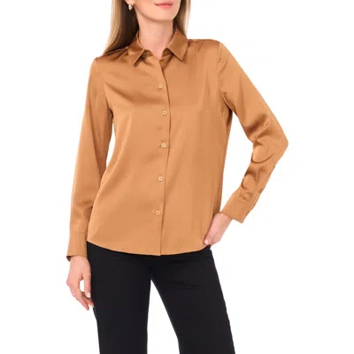 Vince Camuto Satin Long Sleeve Button-up Shirt In Brown