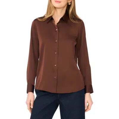 Vince Camuto Satin Long Sleeve Button-up Shirt In Brown