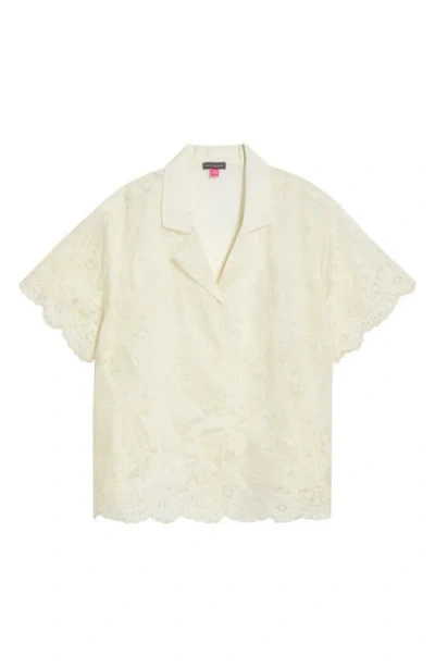 Vince Camuto Scallop Hem Lace Button-up Shirt In White