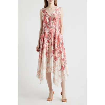 Vince Camuto Scarf Print Handkerchief Hem Satin Midi Dress In Multi