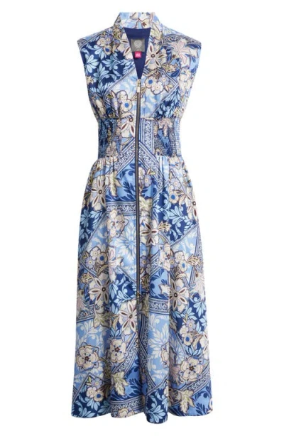 Vince Camuto Scarf Print Zip Front Midi Dress In Blue