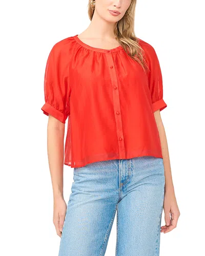 Vince Camuto Scoop Neck Button Down Short Sleeve Top In Red